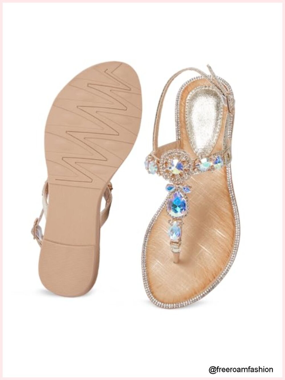 Rhinestone T-Strap Flat Sandals Adjustable Ankle Strap PU Leather - Picture 4 of 4